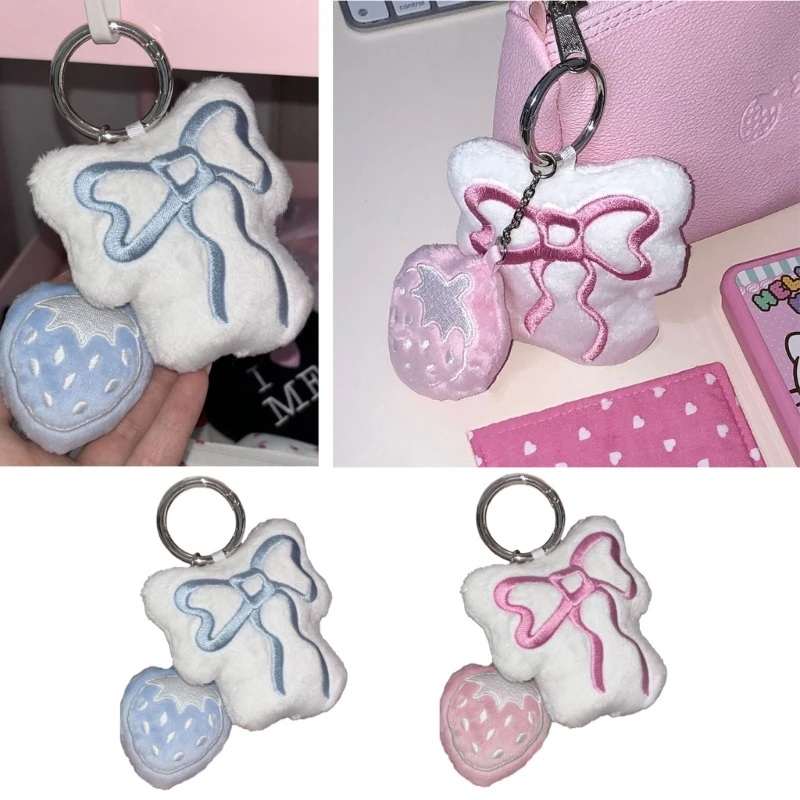 Plush Strawberry Bowknot Keychain Pendant Hangings Decoration Bag Backpack Charm