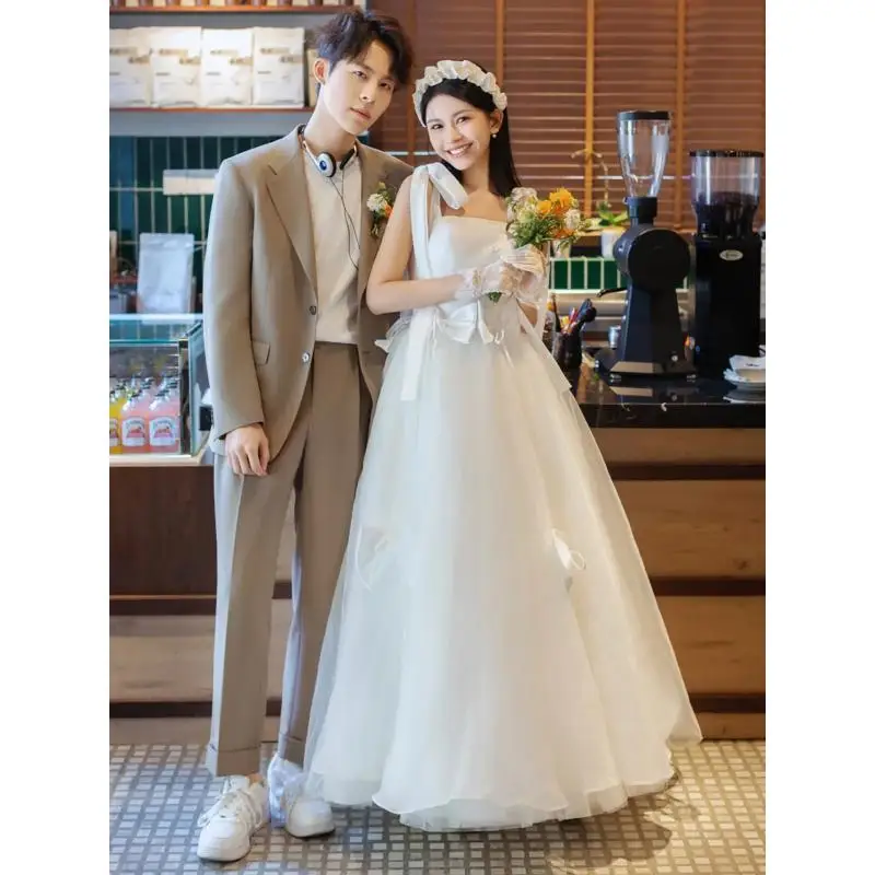 French Square Collar Light Wedding Dress With High-end Feel Suspender Bow Fluffy Skirt Bride's Outdoor Veil  Customized