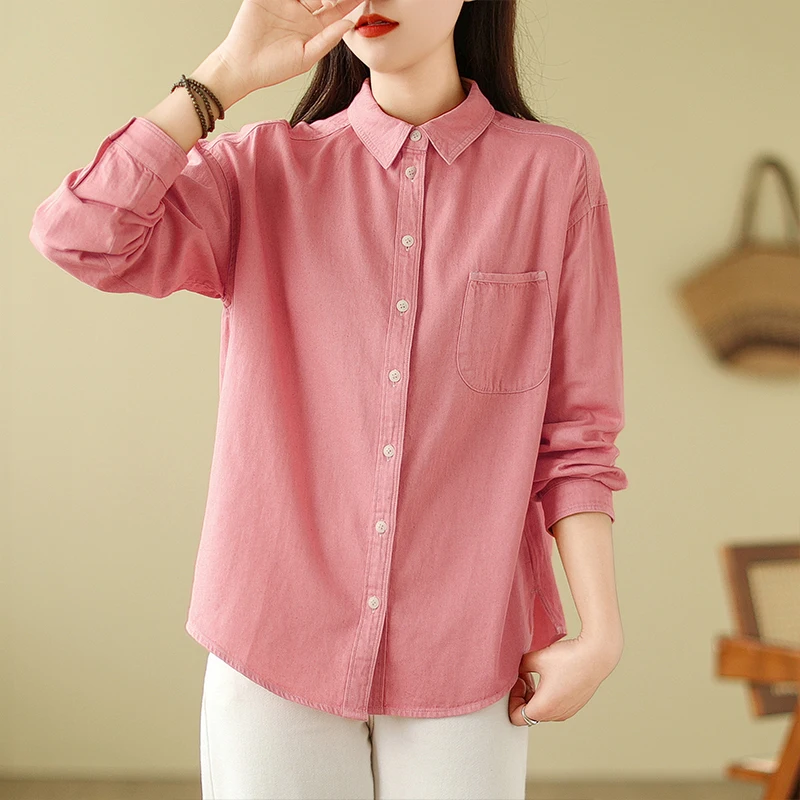 

Active Green Women's Shirt Vintage Long Sleeve Turn-down Collar Spring Style Straight Body Fit Regular Length Single Button C...