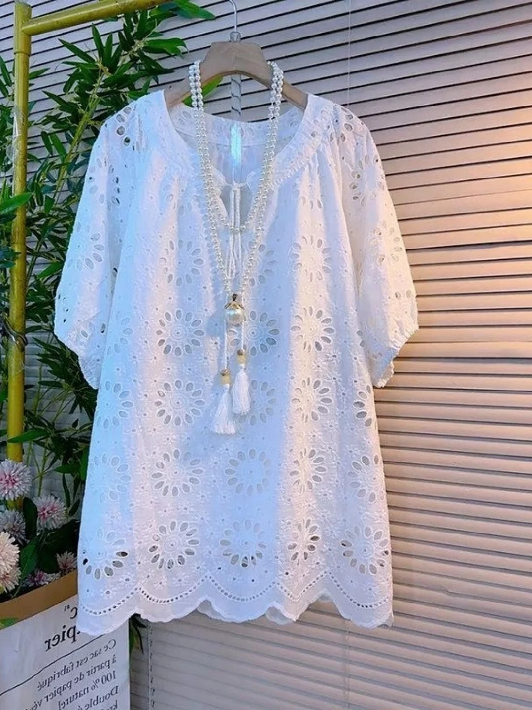 

French Style Floral Hollow out Short Sleeve T-Shirt plus Size Loose Fit Women's Summer Top with Belt Casual Creative Pattern