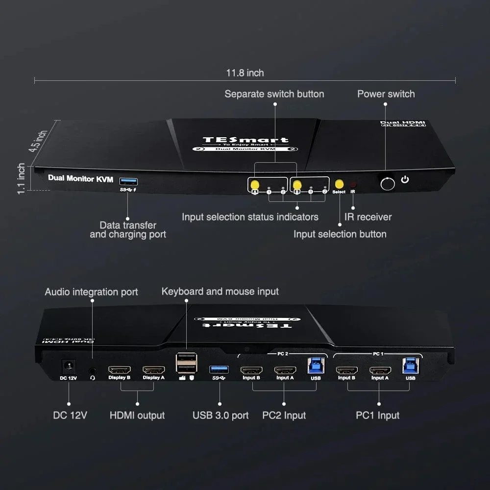 AvaCoreTESmart 2 Port Dual Monitor KVM Switch HDMI 4K60Hz with USB 3.0 Docking Station EDID for 2 PCs & 2 Monitors KVM Switches