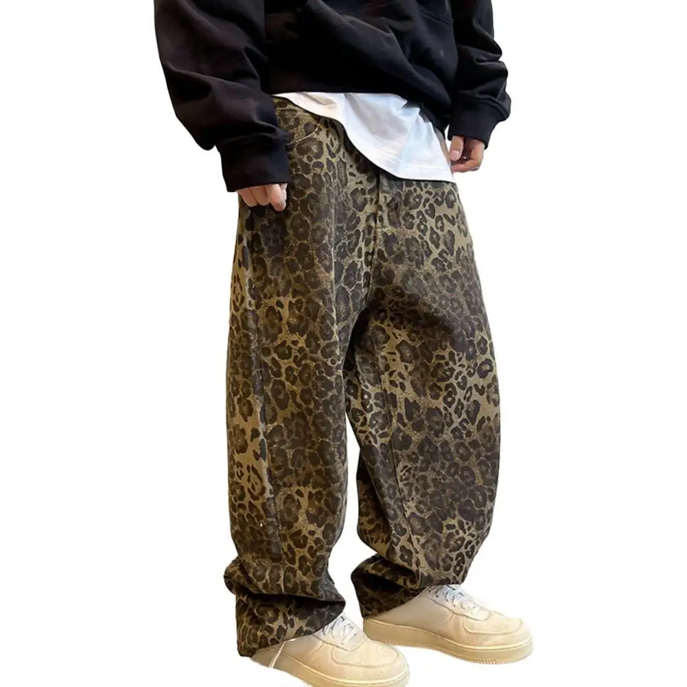 Pantalones informales holgados para hombre, pantalón Retro con estampado de leopardo, estilo Hip Hop, tejido suave y transpirable, cintura media con bolsillos