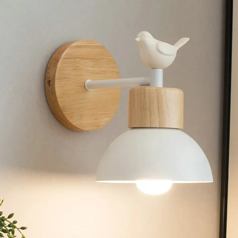 

Solid Wood Bedside Wall Light Modern Simple Guest Room Balcony Staircase E27 Light Nordic Creative Bird Decorative Light