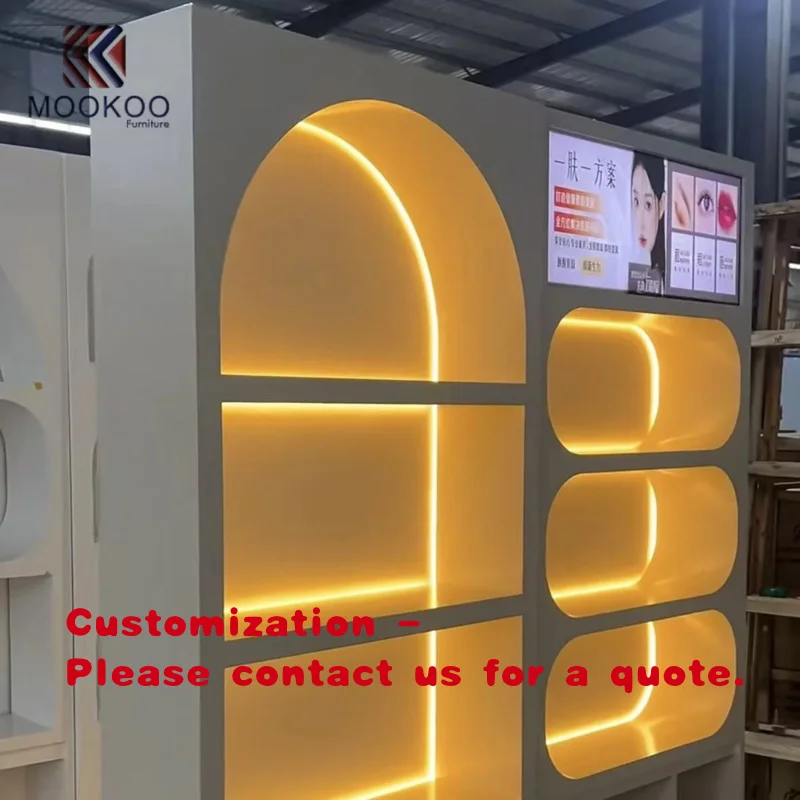 custom.Mookoo Beauty Salon Display Wall with Arched & Oval Shelves & Digital Screen Skincare Product Exhibition