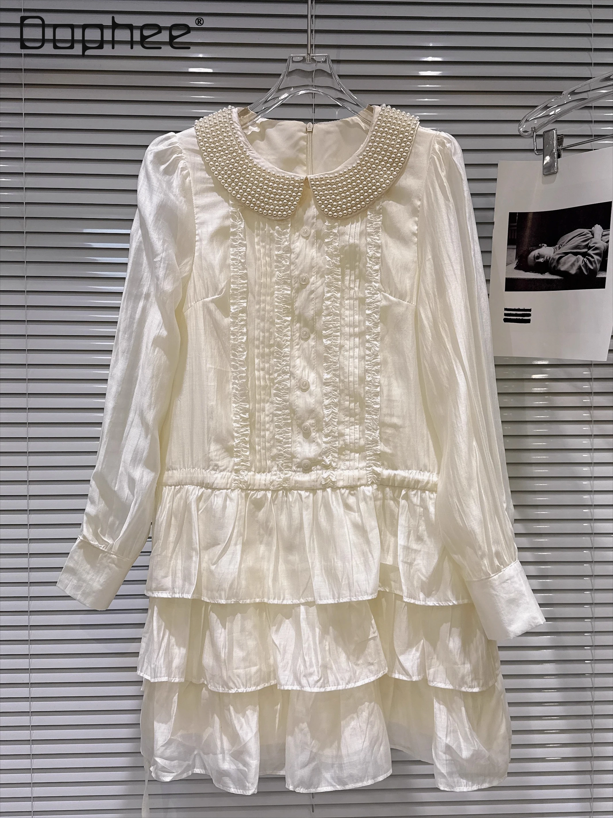 

Sweet Temperament Pearl Beaded Turn-down Collar Chiffon Long Sleeve Dress Women Sweet Doll Collar Slim Multi-layer Mini Dress