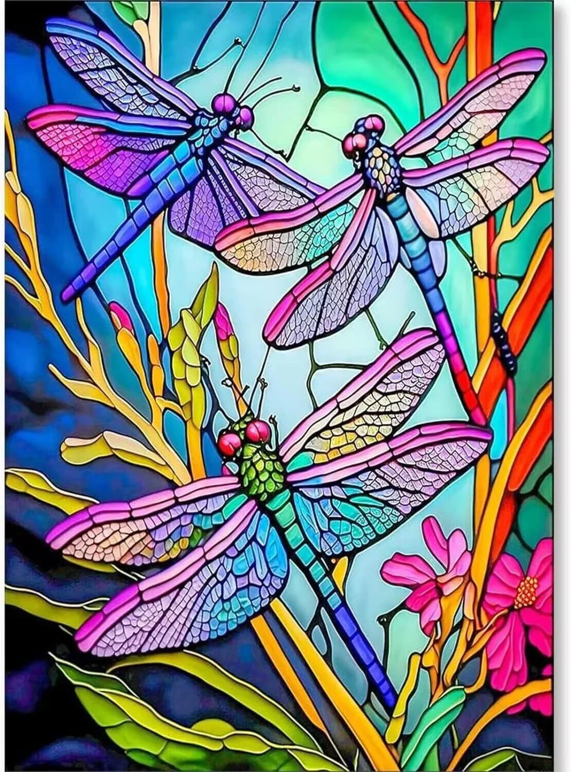 Sunature Diamond Painting Art Full Square Round Drills Stained Glass Dragonfly Diamond Painting Kit