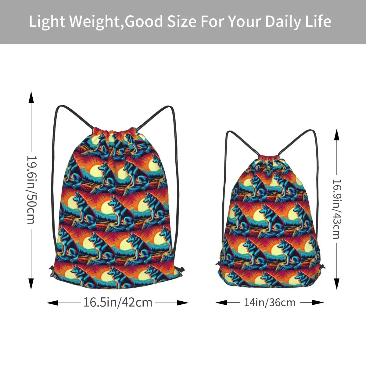 Neon Wolf Surreal Sunset Emblem Backpacks Multi-function Drawstring Bundle Pocket Sports Bag Book Bags for Man Woman Students