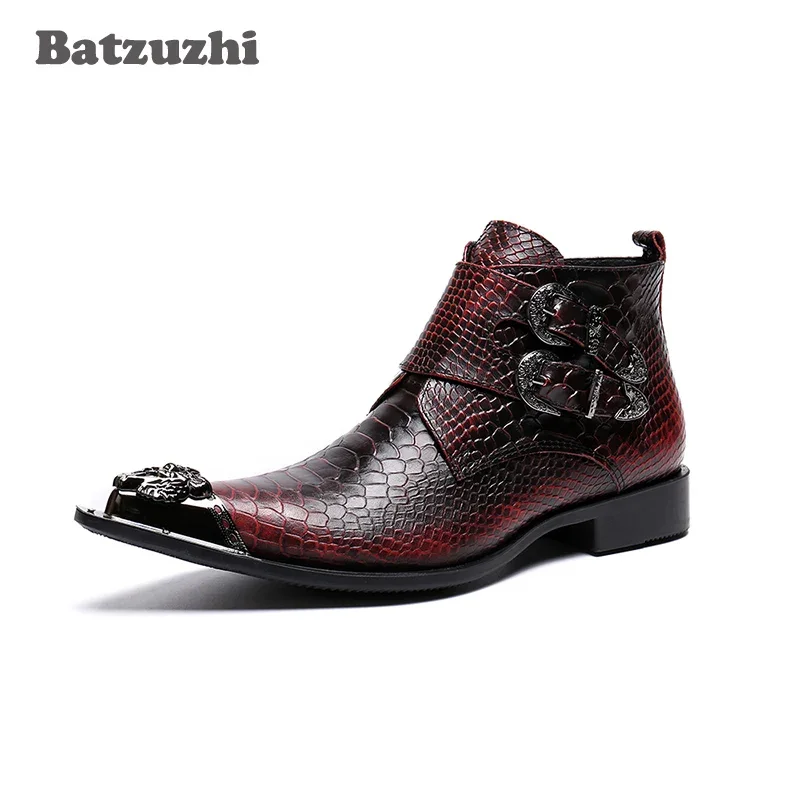 Batzuzhi Korean Type Fashion Men Boots botas hombre Leather Dress Boots Pointed Metal Tip Wine Red Party and Wedding Boots Men