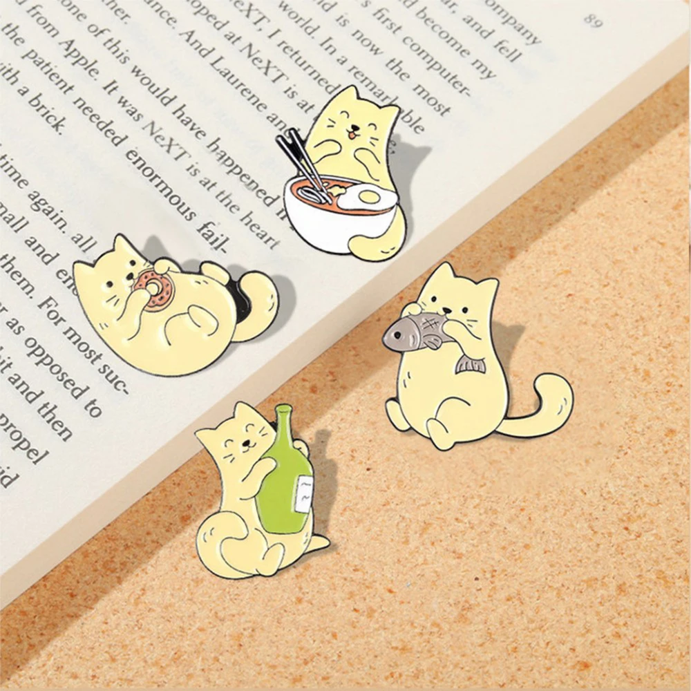 Cat and Fish Enamel Pins Cat Eating Food Donuts Noodle Badge Sweet Cute Pinback Buttons Accessories Animal Cat Lover Gifts