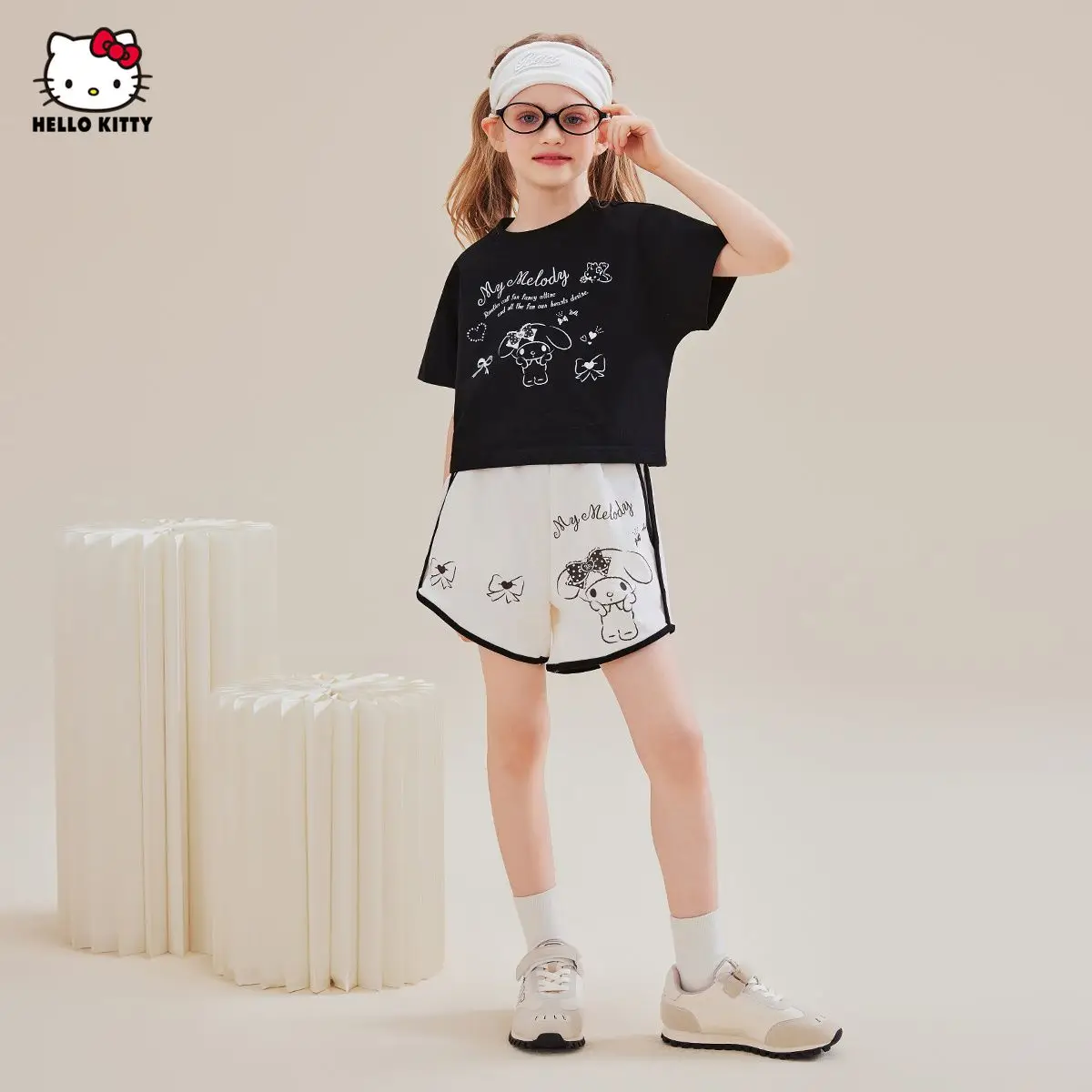 

Sanrio для девочек с короткими рукавами, 2 шт., модные шорты для девочек «Hello Kitty», новый стиль, контрастный летний дышащий комплект, для детей среднего и большого размера