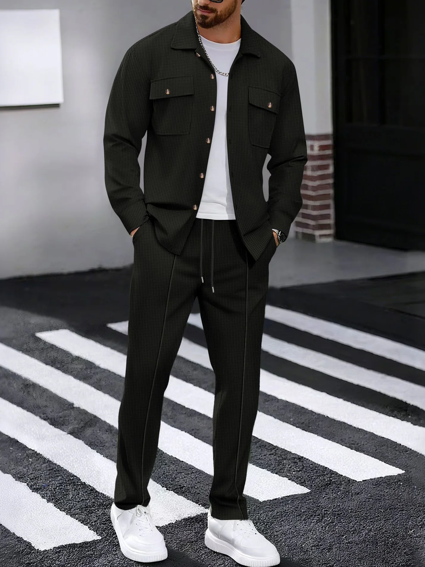 Ensemble deux pièces pantalon gaufré à manches longues, couleur unie, double poche, cardigan boutonné, chemise, nouvelle collection automne