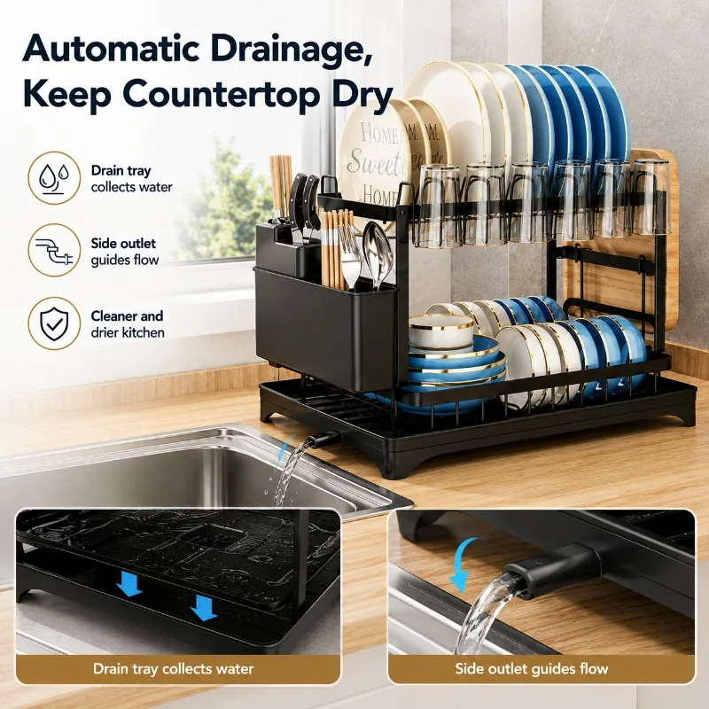 Heavy-Duty Carbon Steel 2-Tier Storage Rack, Large Space Dish Organizer with Drainage Pipe, Cutting Board & Utensil Compartment