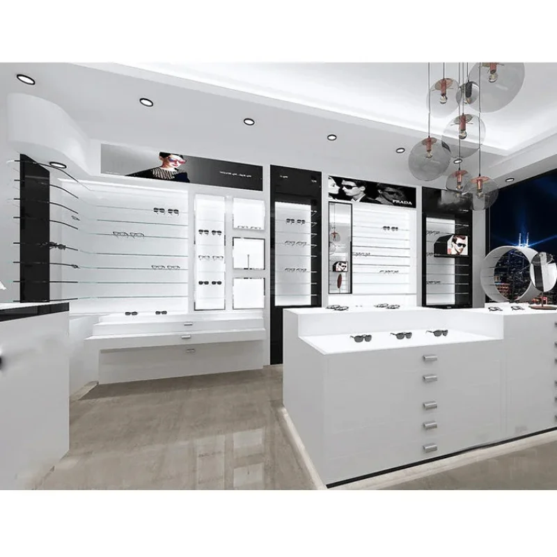 

Стенд для демонстрации солнцезащитных очков из железа и дерева, в сочетании с дизайном для всего магазина, для демонстрации очков и оптики.