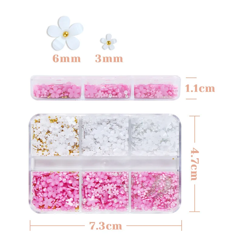 6 Slots/box Trendy Resin Flower With Pearls Nail Charms Decoration Press On Nails Art Design Accessories Manicure Ornament