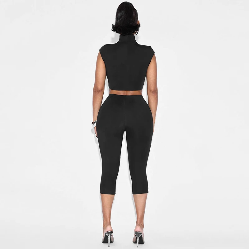 CUTENOVA المرأة نصف عالية الرقبة المستديرة الجبهة الجوف خارج قصيرة الأكمام المحاصيل الأعلى عالية الخصر نحيل سبع نقاط فستان أطفال مع سروال داخلي الإناث #2