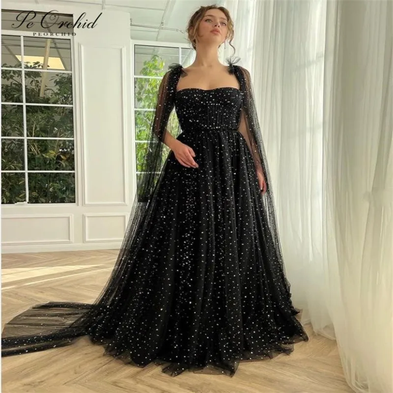 PEORCHID Sparkly Sequin Black Prom Dress With Long Cape Tulle Modern Luxury Formal Dress Women Birthday Party Gowns 2023