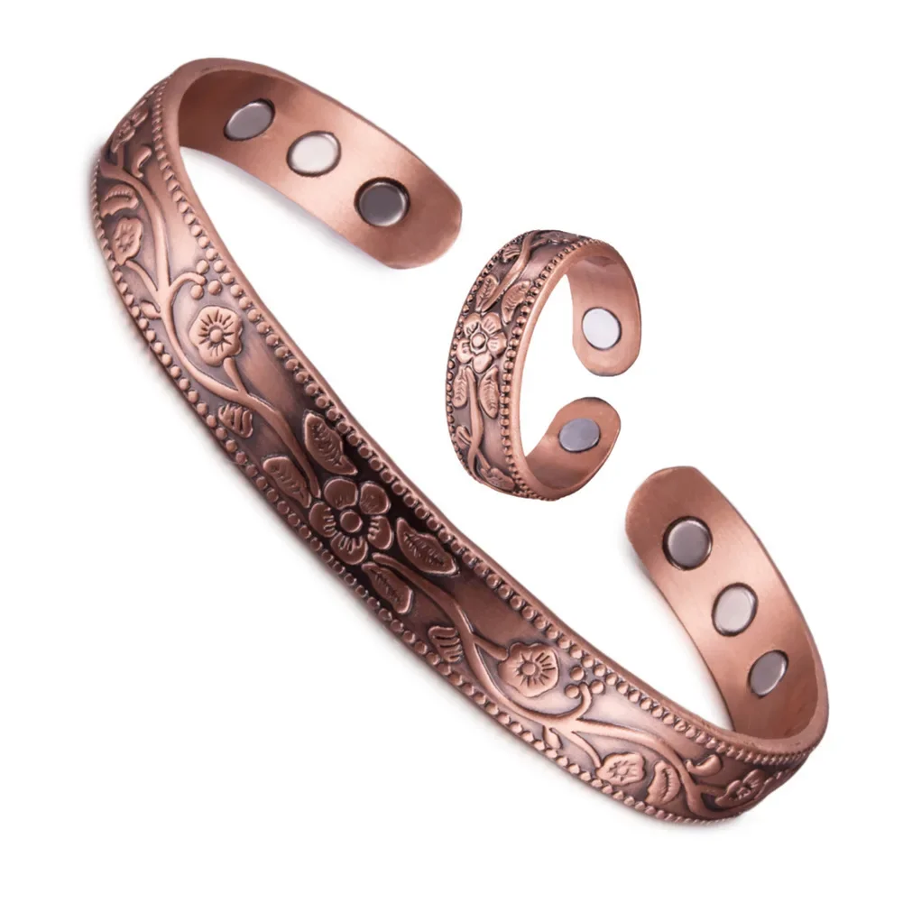 Magnetic Bracelet Retro Flower Ring Bracelet Set Adjustable Men's and Women's Plated Ancient Red Copper Magnetic Bracelet