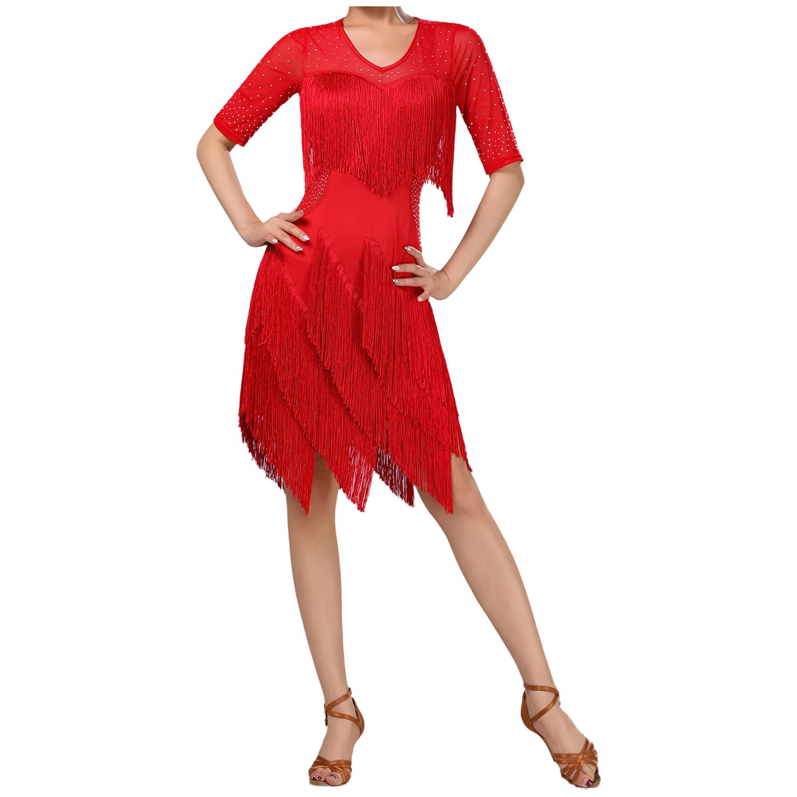 Vestido latino con borlas para baile de Tango y Rumba para mujer, vestido con flecos de malla con diamantes de imitación brillantes para Chacha Rumba Samba, Ropa de baile para actuación