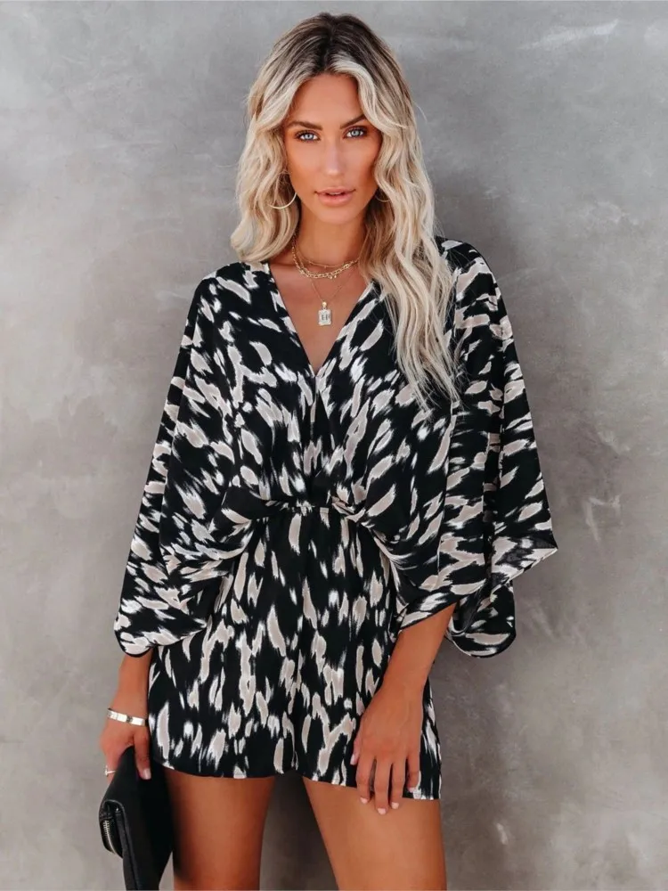 Women's Fashion V-neck Loose Jumpsuits Summer New Fashion Print Backless Lace Up Short Sleeved Jumpsuit Ladies Party Playsuit