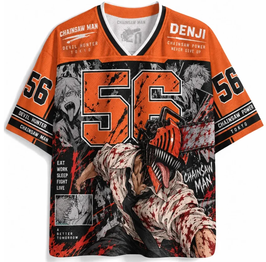 Chainsaw Man Denji Print Mesh Sports Quick Drying V-neck Anime Cool Chainsaw Demon Bloodstain Manga Print Number 56 Sports Shirt