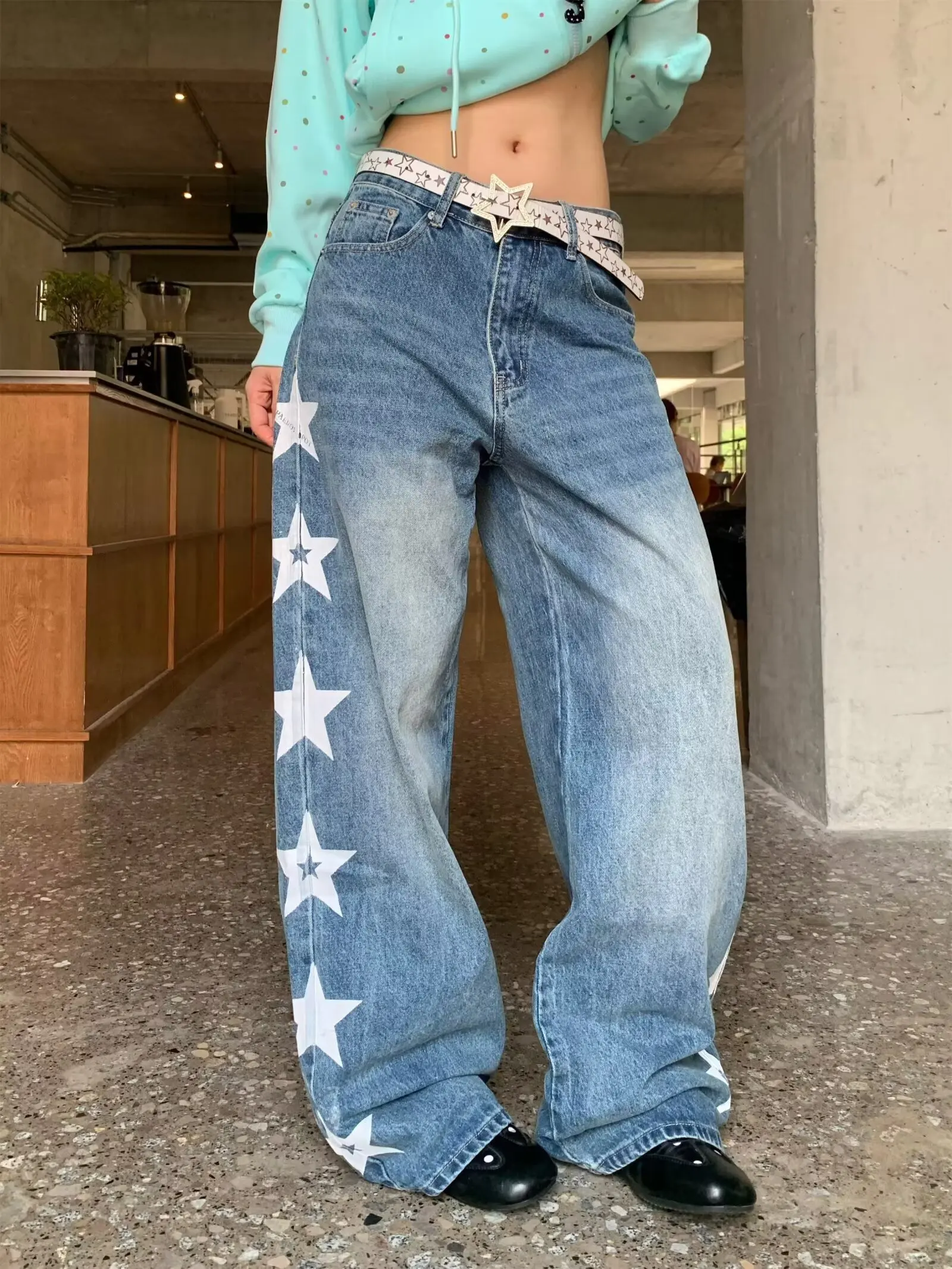 Women's Star Patterned Printed Jeans Retro Street Blue Casual Pant Cool Girl Bottoms Wide Leg Sweatpants Female High Waist Pants