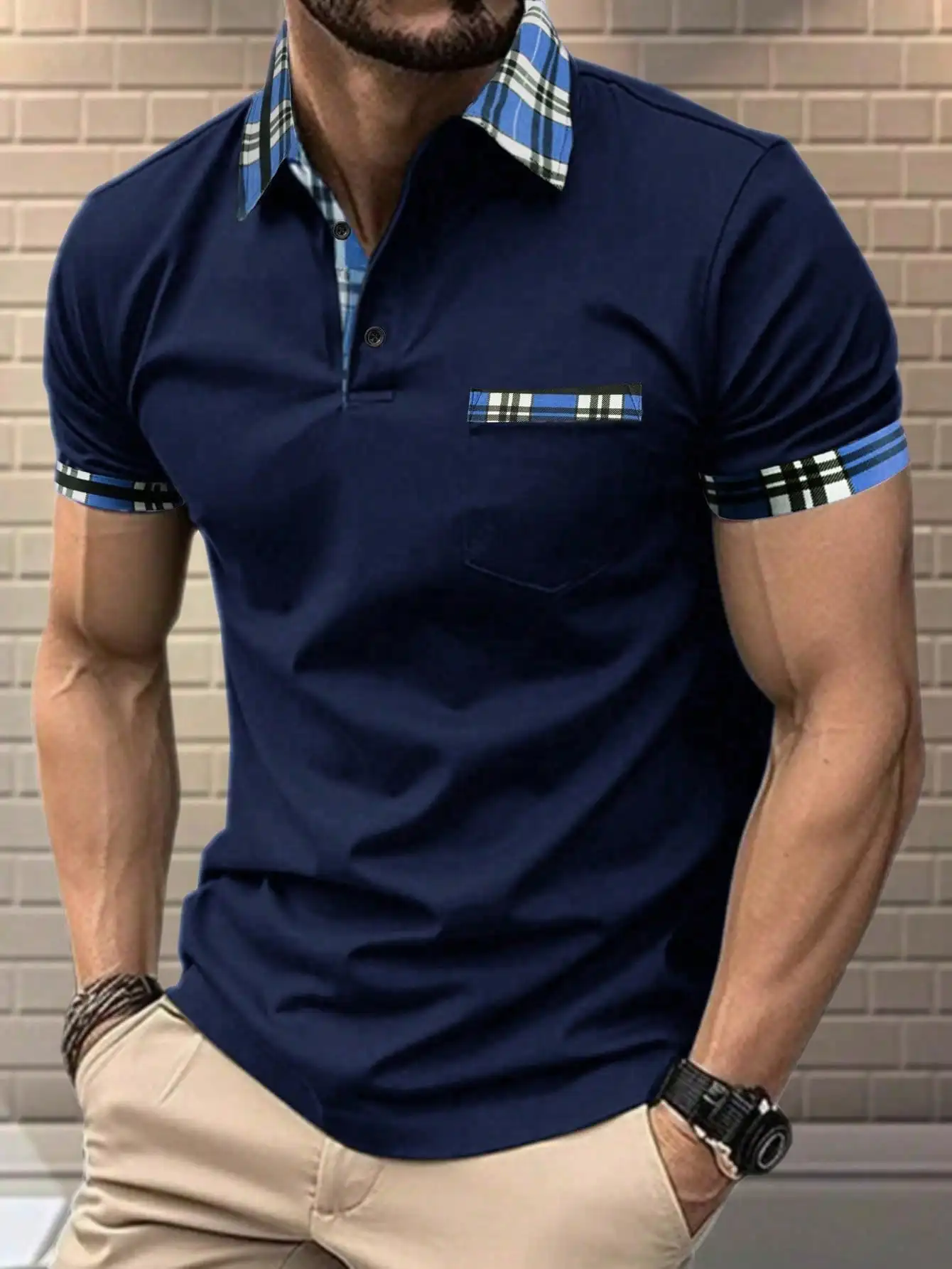 

Men's Navy Blue Casual Short Sleeve Polo Shirt with Plaid Trim Collar and Cuff