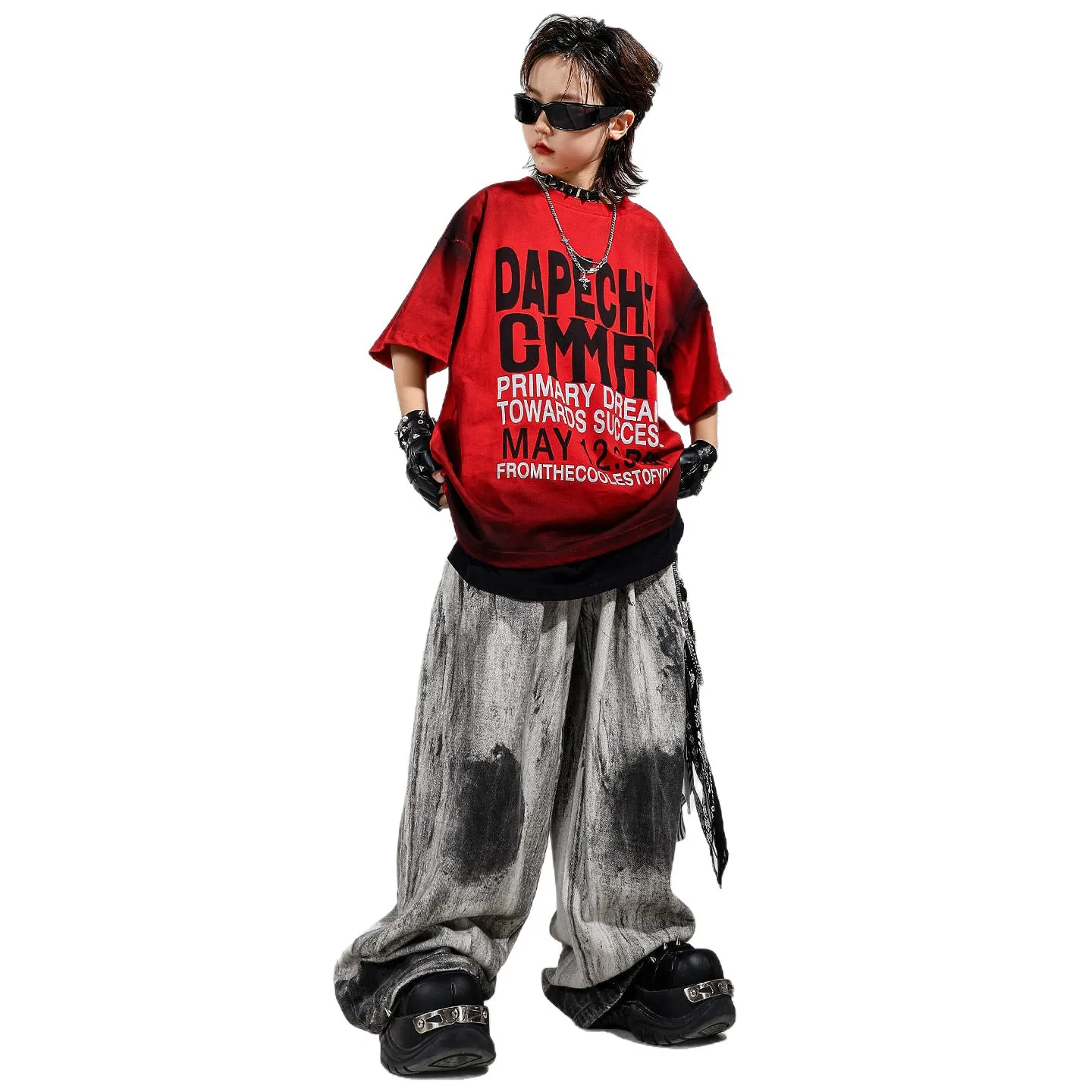 Ropa de Hip Hop Kpop para chico, camiseta con letras rojas, pantalones de pierna ancha informales pintados con aerosol para niña y niño, Ropa de baile, disfraces