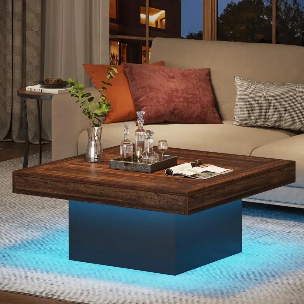 Coffee Table Square LED Coffee Table Engineered Wood Low Coffee Table for Living Room Rustic Brown Black