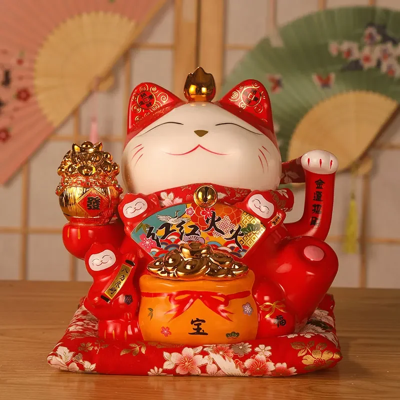 9 Inch Lucky Fortune Cat with Waving Arm Chinese Feng Shui Ornament Maneki Neko Beckoning Cat USB/Batteries Powered