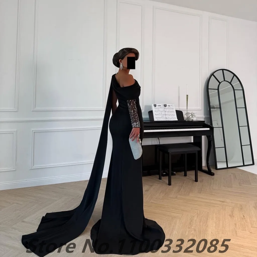 Eightale Customized Black Cape Evening Dress One Shoulder Mermaid Prom Party Dresses Women Dubai Formal Gowns Customize image 2
