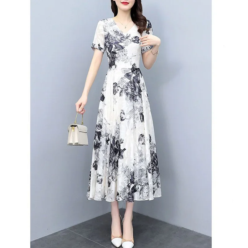 2023 New Summer Fashion Chinoiserie Retro Art V-neck Ink Wash Print Waist Tight Slim Cover Belly Temperament Commuter Dress