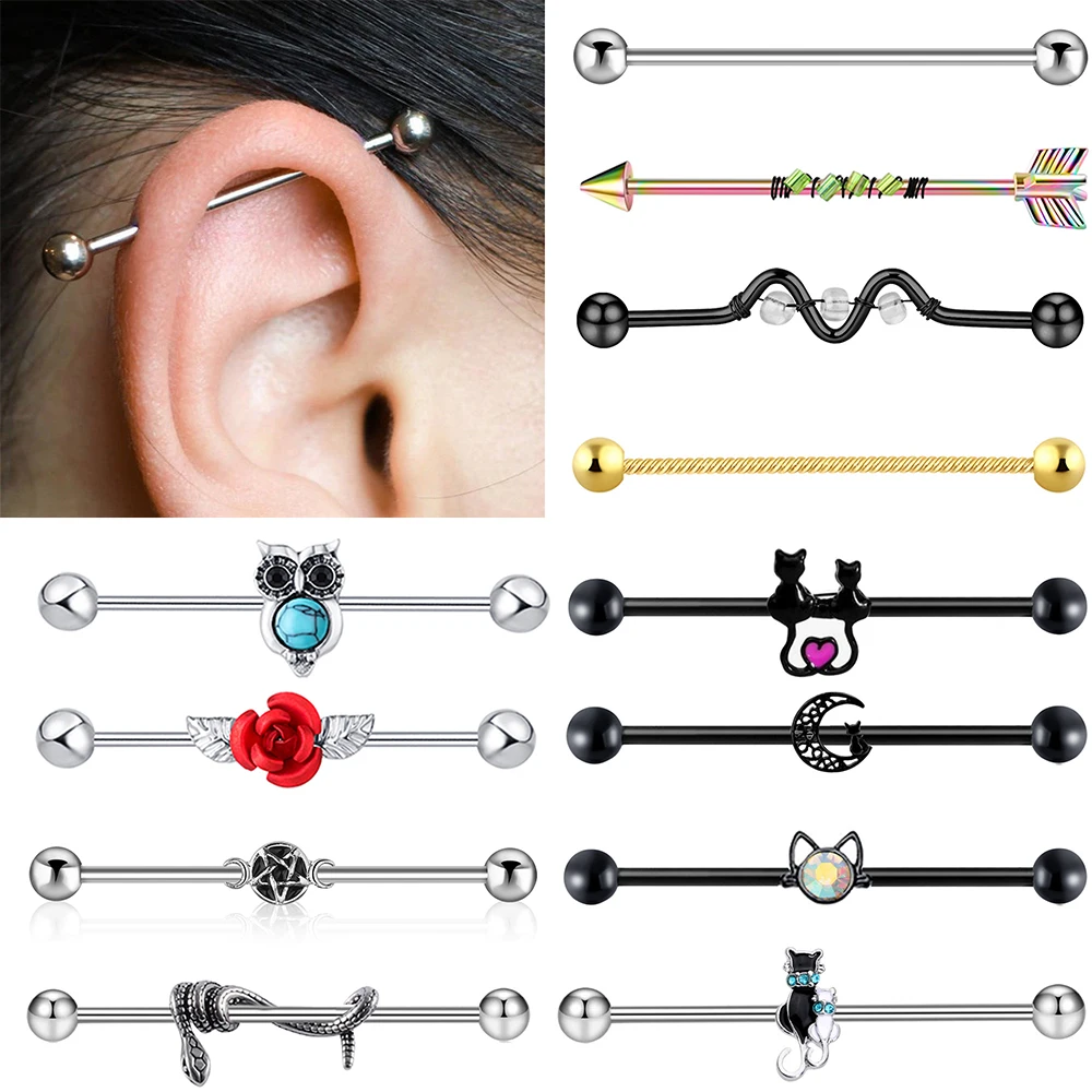 1Pc 14 Gauge Surgical Steel Industrial Barbell Ring Ear Straight Barbell Stud Cartilage Earring Helix Body Piercing Jewelry 14G