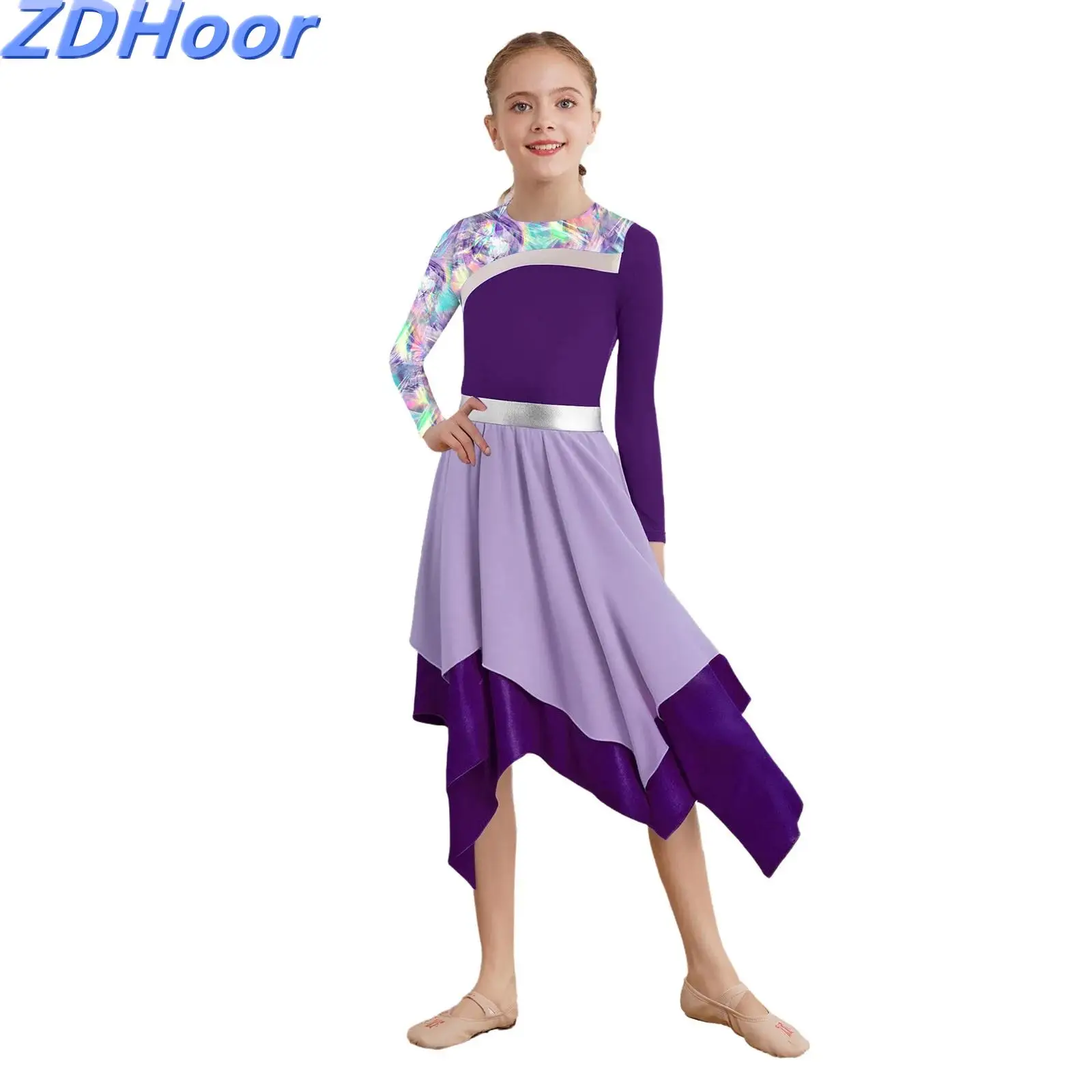 

Kids Girls Praise Ballet Dress Long Sleeve Back Stylish Printed Patchwork Color Block Irregular Hem Worship Dress