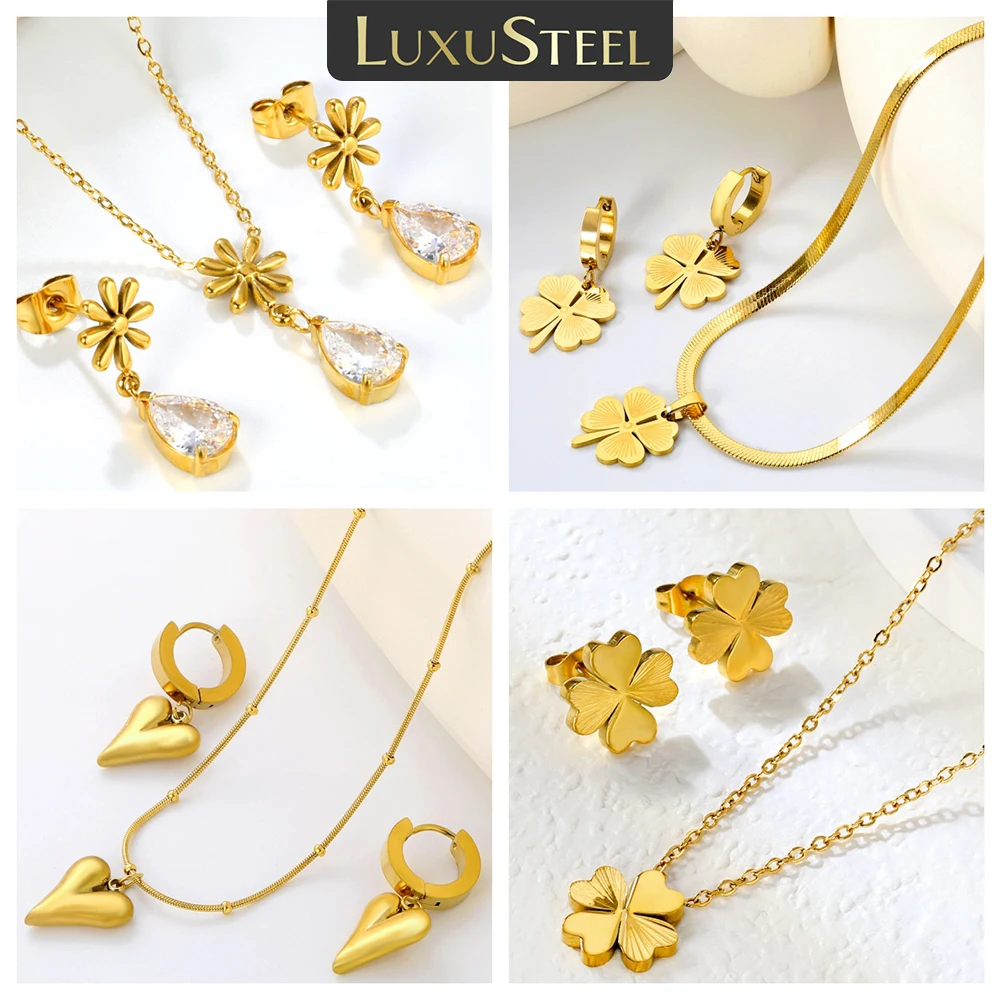 

LUXUSTEEL Heart Clover Jewelry Set Pendants Necklace Earring Sets For Women Crystal Water Droplet Stainless Steel Chain Necklace