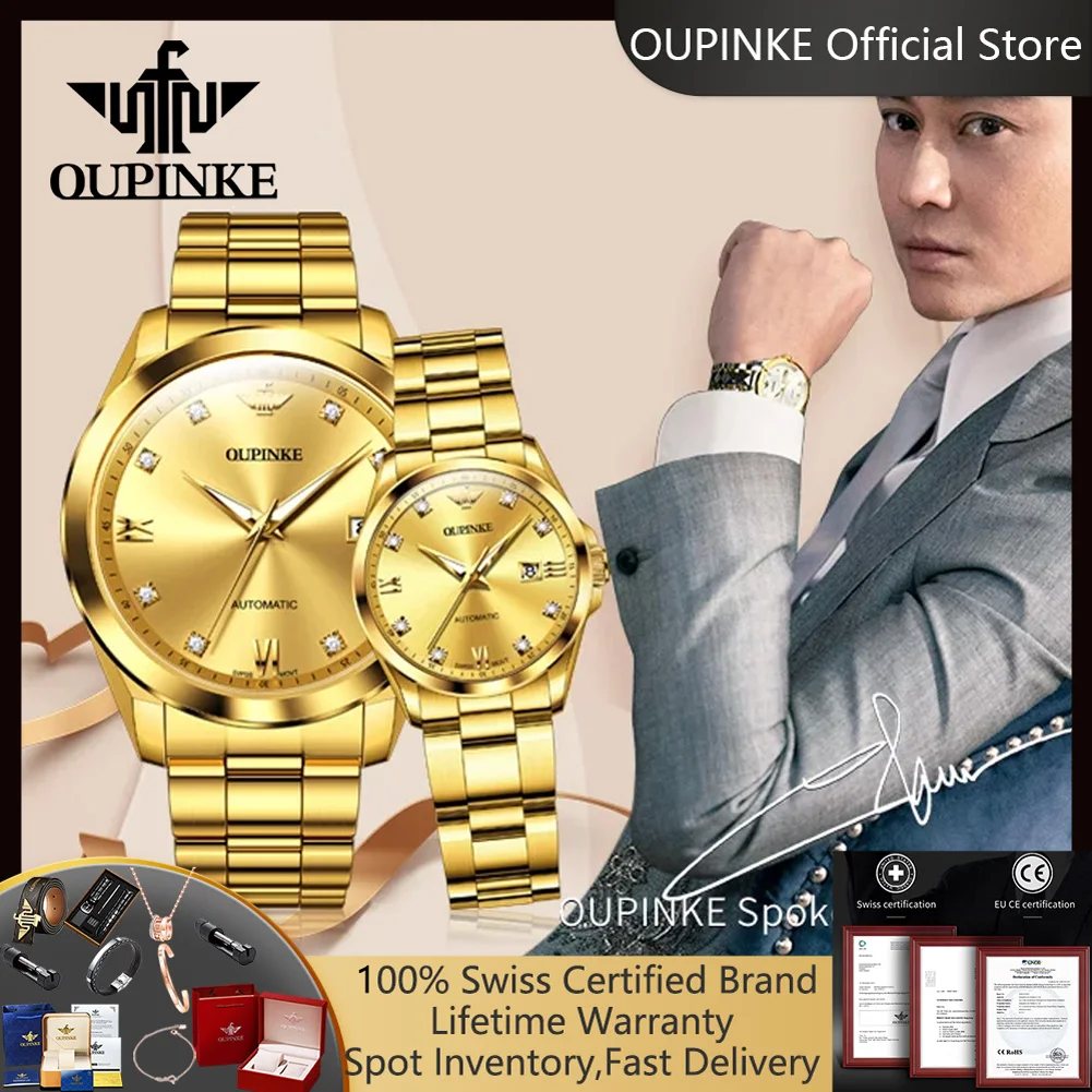 OUPINKE 3199 Real Diamond Couple Watches for Men Women Swiss Movement Automatic Mehcanical Wristwatch Top Luxury Lover's Watches