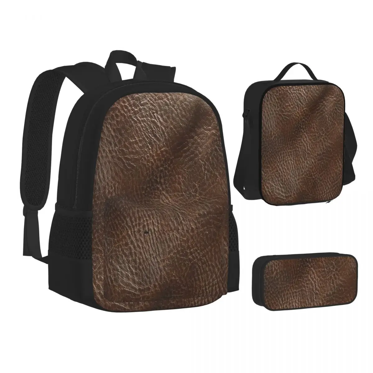 Dark Brown Leather Effect Material Backpacks Students Bookbag School Bags Children Rucksack Lunch Bag Pen Bag Three-Piece Set