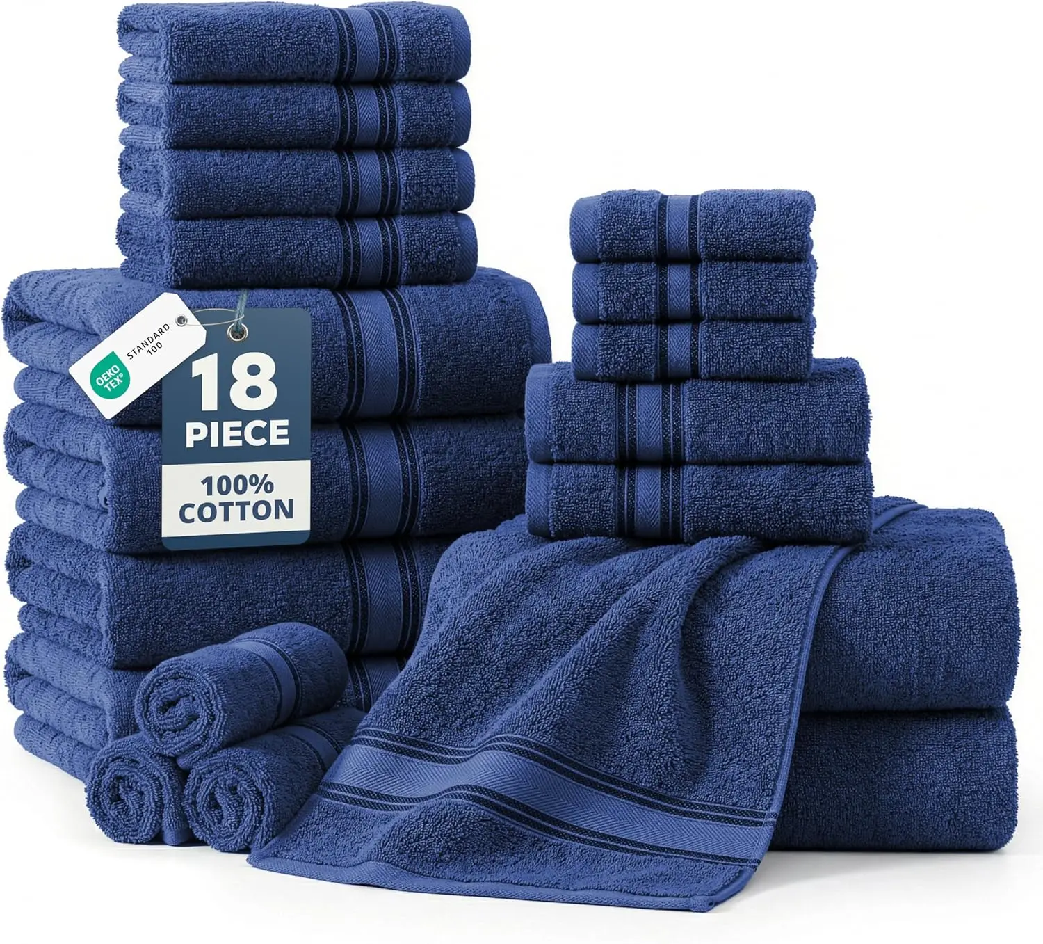 

18-Piece Zero Twist Cotton Towel Set – 6 Bath, 6 Hand, 6 Washcloths – Quick-Dry, Ultra-Soft & Durable – Navy