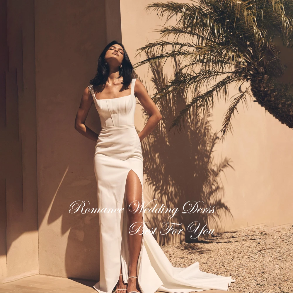 Moderne Quadrat Kragen Meerjungfrau Hochzeit Kleid Frauen Hohe Schlitz Ärmellose Spaghetti-trägern Open Back Vestidos De Novia Angepasst