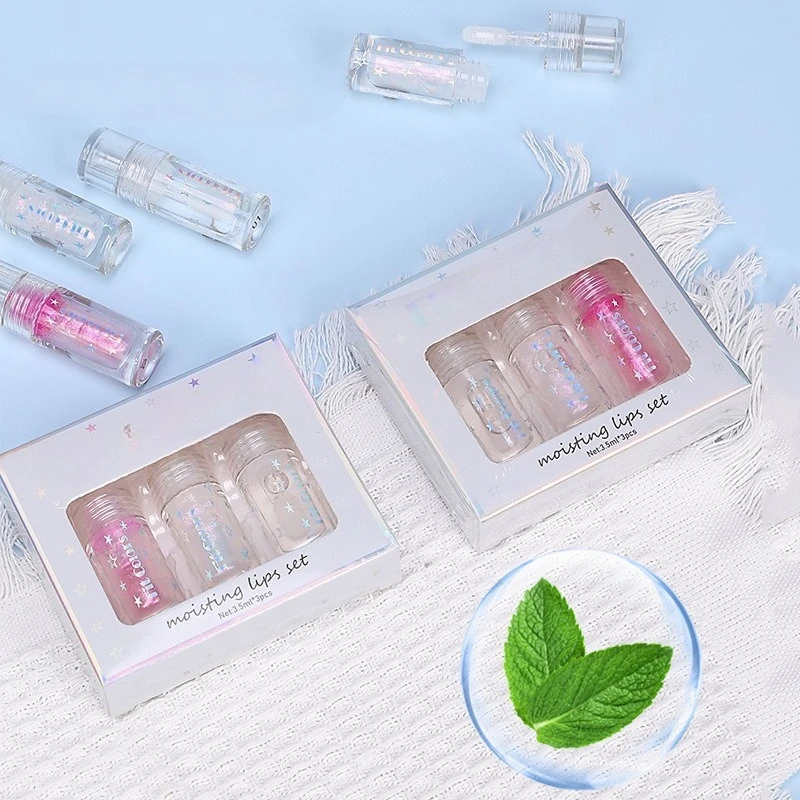 Set di lucidalabbra rimpolpanti da 3 pezzi Pennello perlato Finitura iridescente Olio per labbra idratante Confezione regalo per la cura idratante Base per lucidalabbra