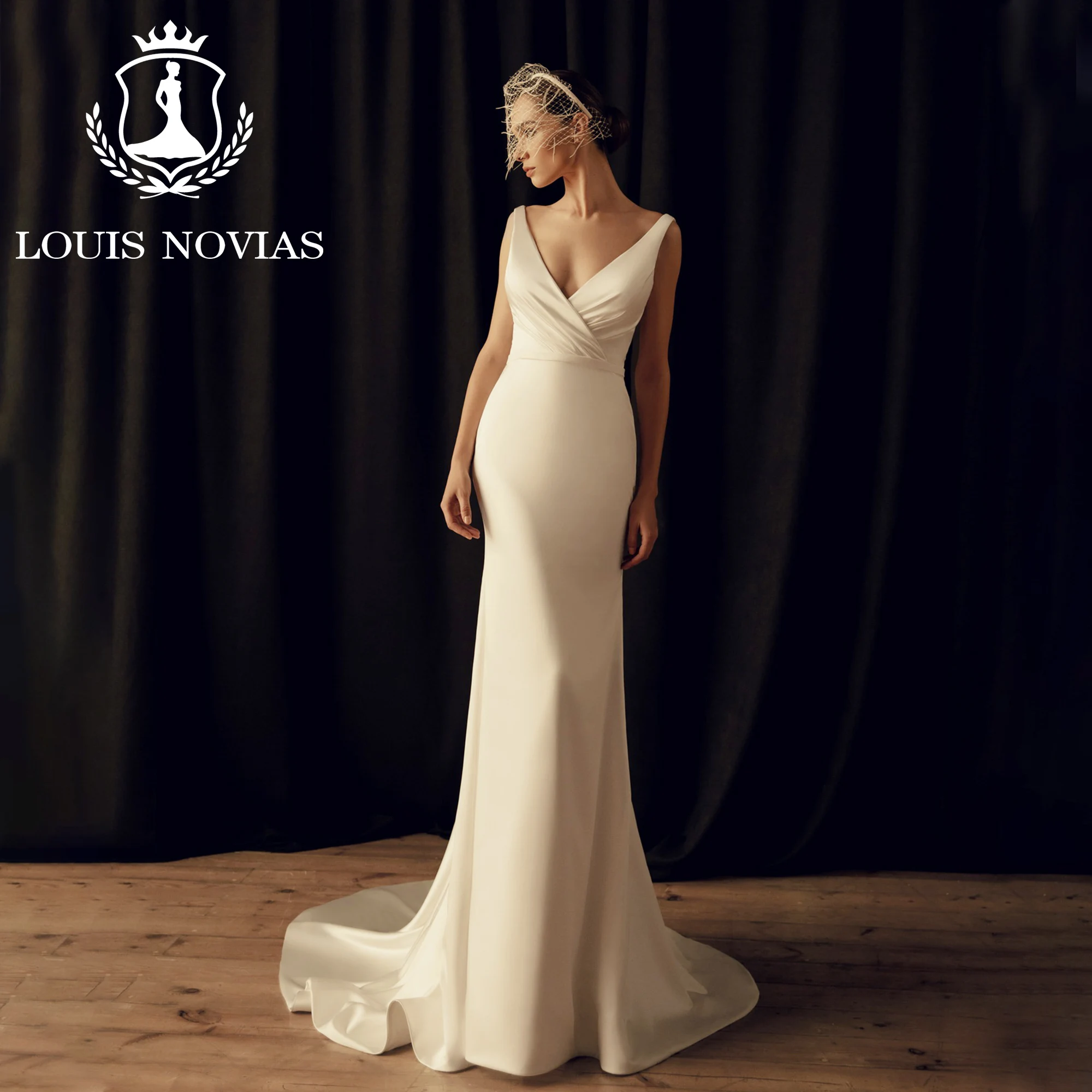 

LOUIS NOVIAS Русалка сексуальные атласные свадебные платья невесты винтажное сексуальное свадебное платье на тонких бретельках с v-образным вырезом драпированное свадебное платье Vestidos De Novia