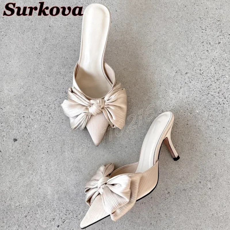 

Summer Pink Bow Slippers Suede Pointed Low Heel Women'S Sandals Fashion Dress Mules Wear Elegant Slippers Sandals Gladiator 43