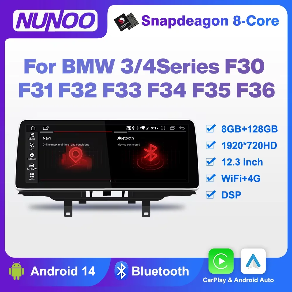 Nunoo Android 14 CarPlay For BMW 3 4 Series F30 F31 F32 F33 F34 F35 F36 Radio Car Multimedia Player GPS Stereo WIFI Head Unit