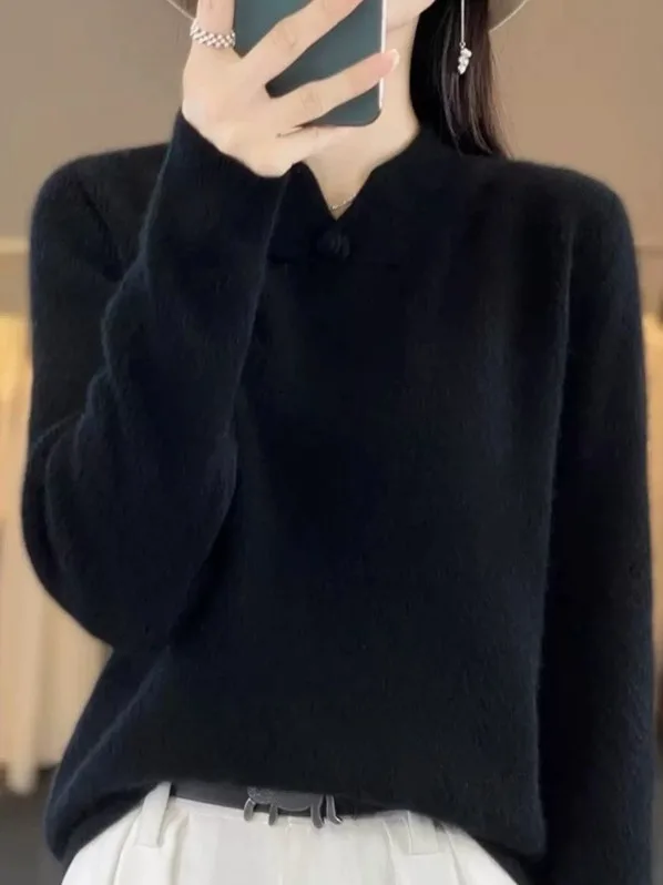 الراقية قوانغتشو ثلاثة عشر صفًا كاميرا تريكو المرأة قاعدة فضفاضة irt الوقوف طوق الخريف الشتاء زر Sle الصينية الجديدة #4