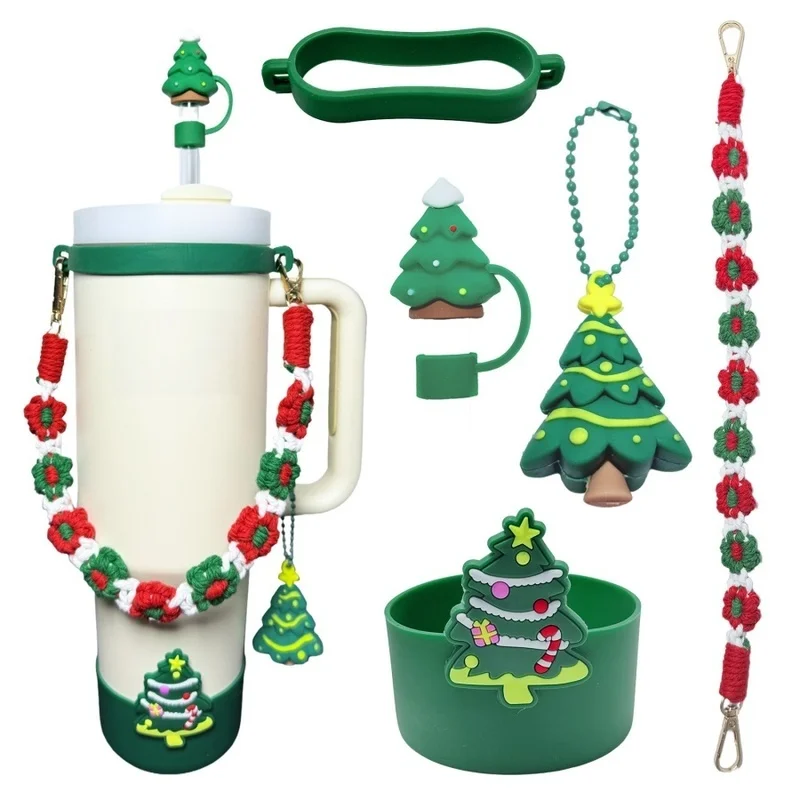 5pcs/set Christmas Tree Cup Holder for Stanley 40oz Tumbler Silicone Straw Topper Cup Boot Protector Ornament Pendant Decorative