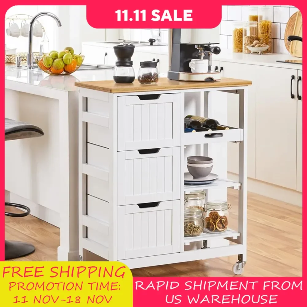 

Kitchen Island Cart with 3 Drawers, 3 Removable Shelves & Lockable Casters Storage Cabinet, Rolling Serving Utility Trolley Cart