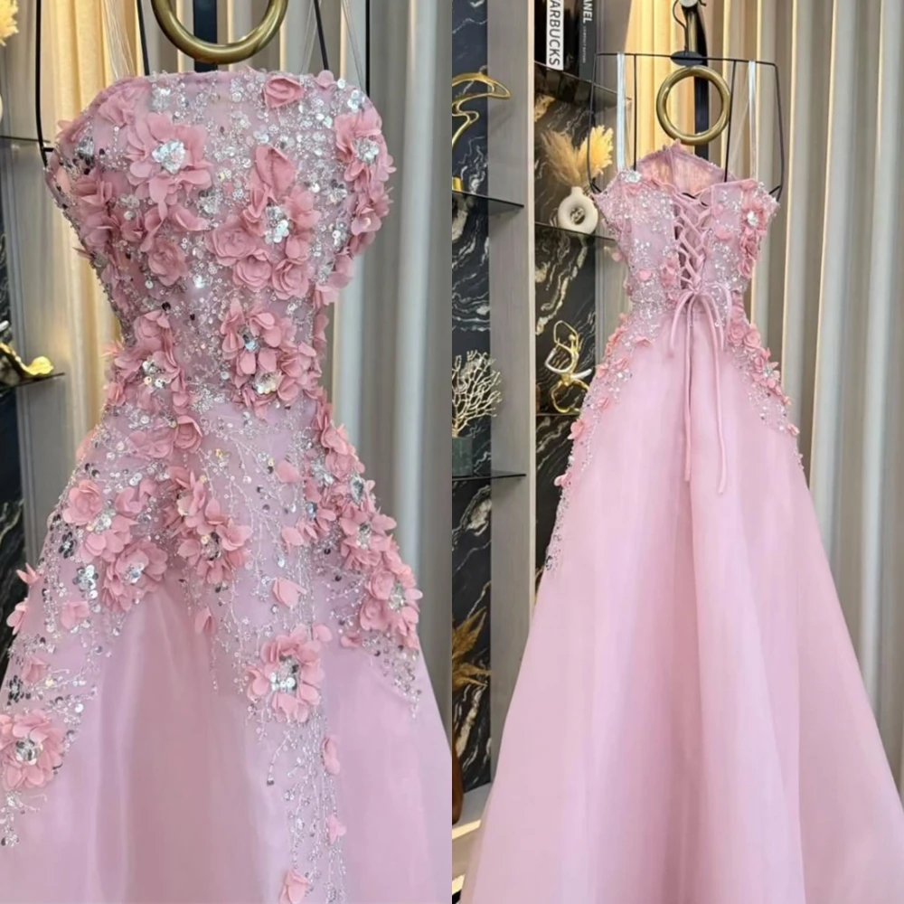 Customized Exquisite Strapless Lace Party Dresses with Sparkly Sequined Simple Pink Organza Prom Gown Lace Up Back Evening Dress image 5