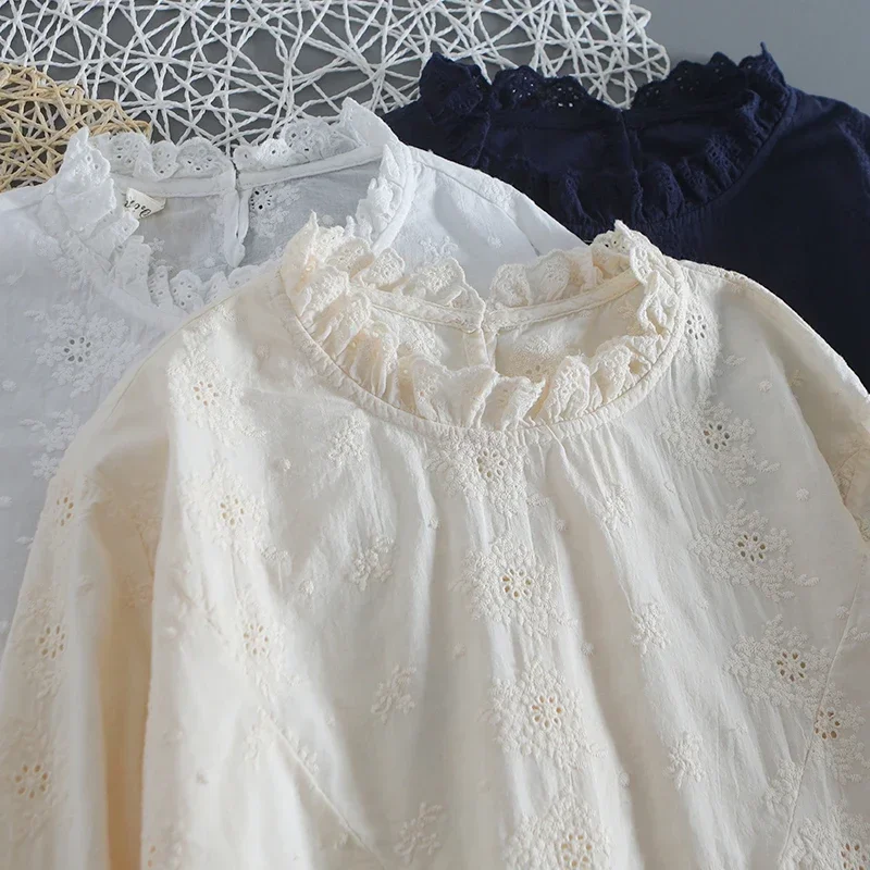 Cotton Linen Female Victorian Cottagecore Floral Embroidery Eyelet Lace Blouse Women Edwardian Rococo Lolita Mori Girl Shirt