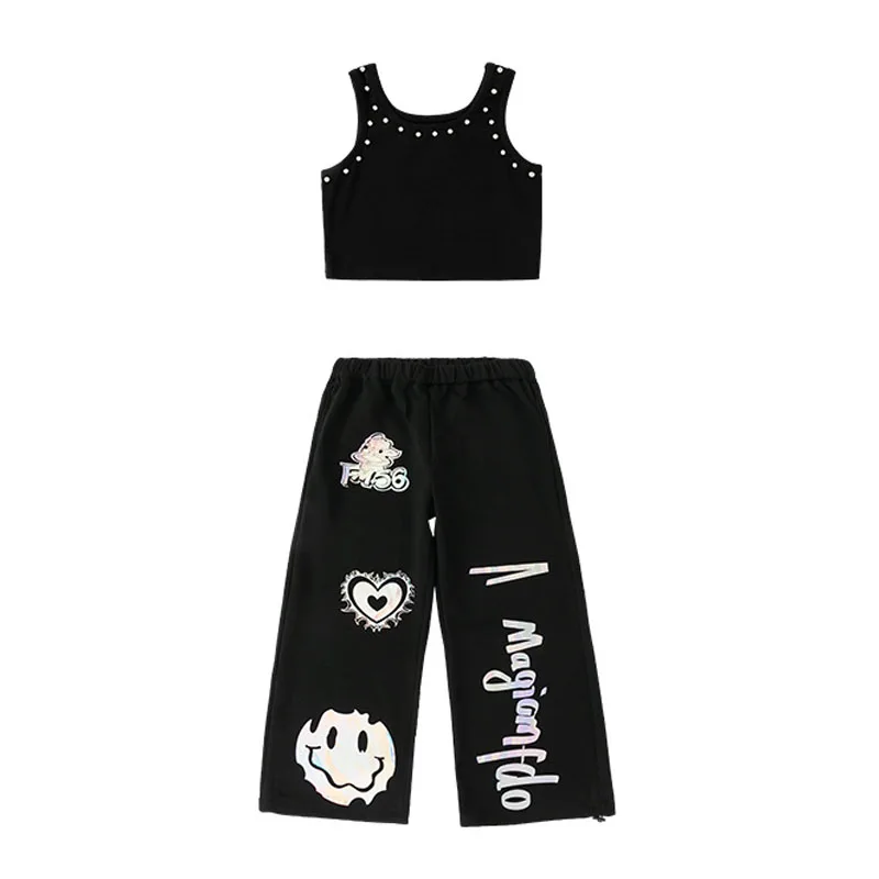 キッズK-POPヒップホップ服、ブラックリベットクロップタンクトップ、カジュアルワイド反射スウェットパンツ、女の子男の子ダンスウェアコスチューム服