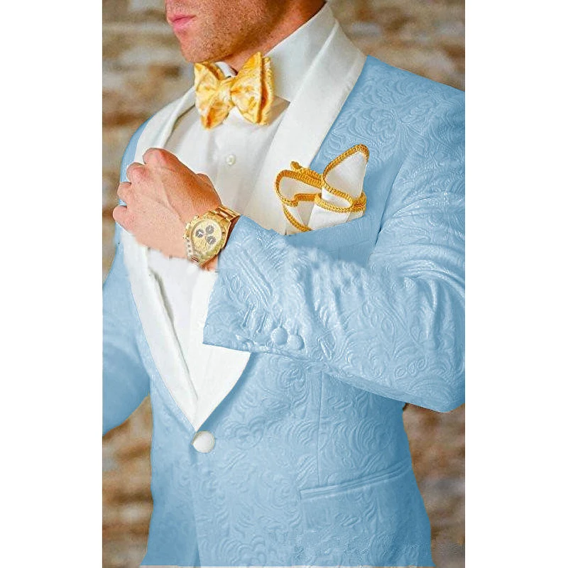 New Arrival Royal Blue Floral Men Suits for Wedding Latest Designs Groom Tuxedos Shawl Lapel Suit Men Groomsmen Best Man 2 Piece