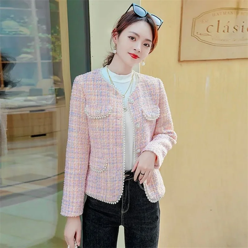 Temperament Women Jacket Famous Lady Coarse Flower Heavy Woolen Cloth Nail Bead 2024 New Fashion Joker Fashion Short Overcoat